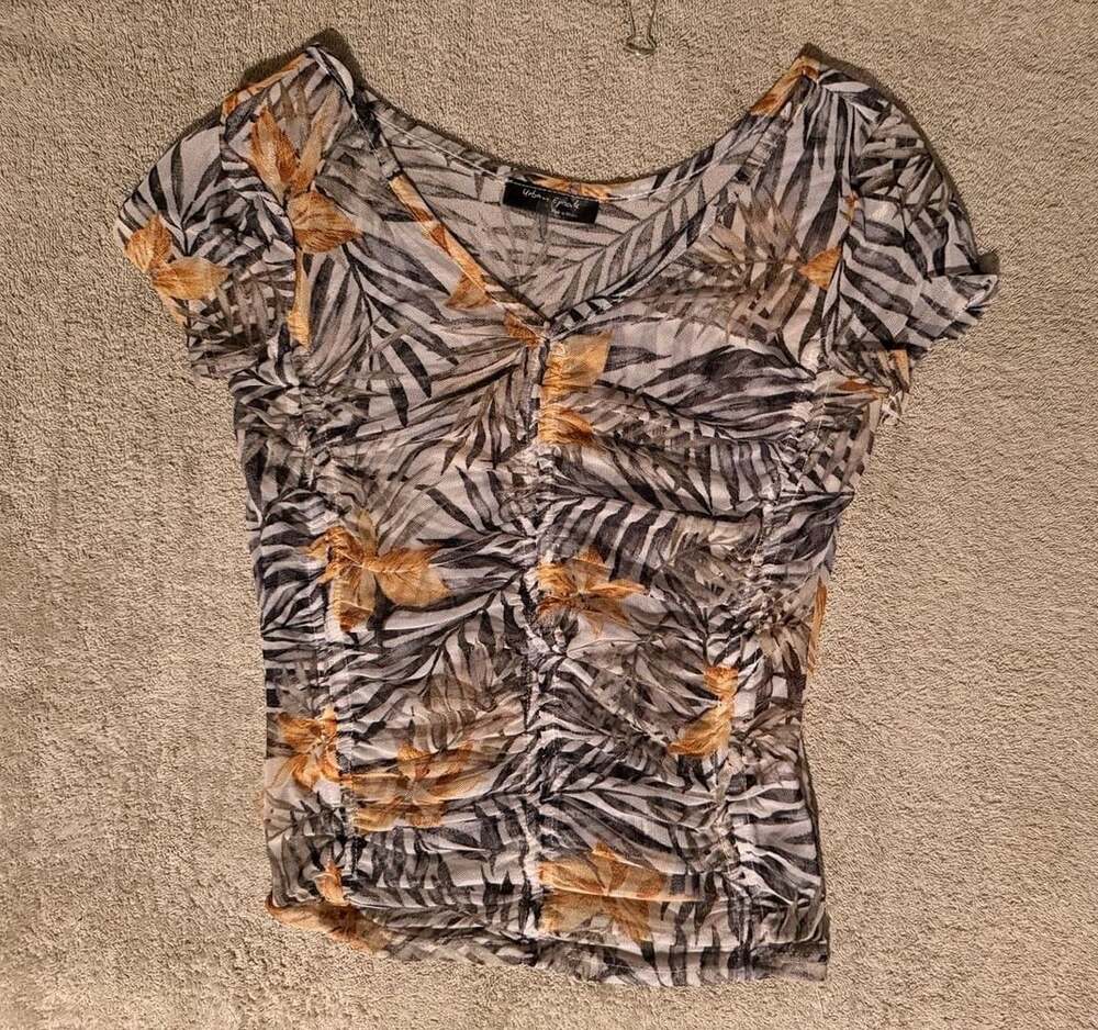 Y2K Style Urban Episode Top Medium Black Orange Tropical Floral Mesh